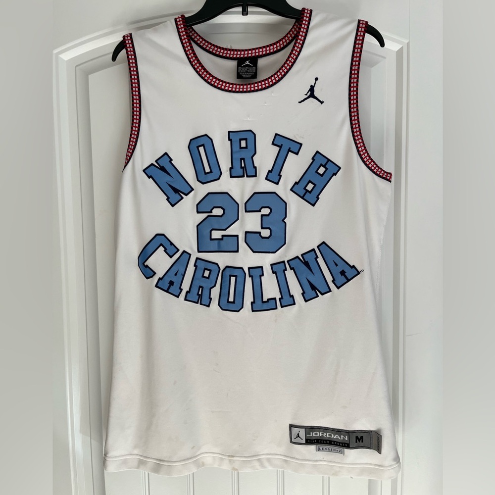 Jordan White With Blue North Carolina Jersey - adult medium, worn without rips